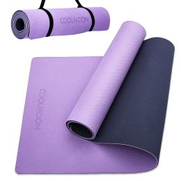 COOLMOON 1/4 Inch Extra Thick Yoga Mat Double-Sided Non Slip,Yoga Mat For Women and Men,Fitness Mats With Carrying Strap,Eco Friendly TPE Yoga Mat , P (Color: Purple)