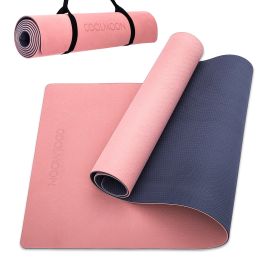 COOLMOON 1/4 Inch Extra Thick Yoga Mat Double-Sided Non Slip,Yoga Mat For Women and Men,Fitness Mats With Carrying Strap,Eco Friendly TPE Yoga Mat , P (Color: Pink)