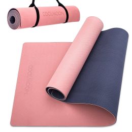 COOLMOON 1/4 Inch Extra Thick Yoga Mat Double-Sided Non Slip,Yoga Mat For Women and Men,Fitness Mats With Carrying Strap,Eco Friendly TPE Yoga Mat , P (Color: Pink)