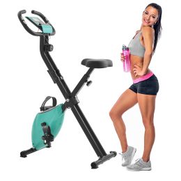 Folding Stationary Upright Indoor Cycling Exercise Bike with Resistance Bands (Color: Tiffany Blue)