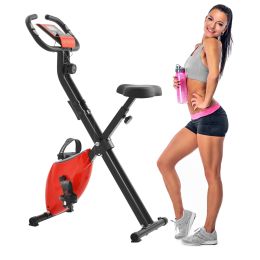Folding Stationary Upright Indoor Cycling Exercise Bike with Resistance Bands (Color: Red)